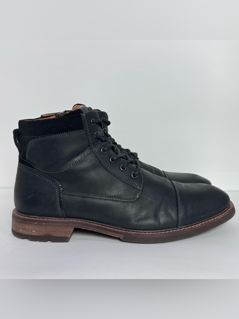 Florsheim Lodge Black Soft Smooth Leather Cap Toe Lace Up Zipper Boot Men Size 9